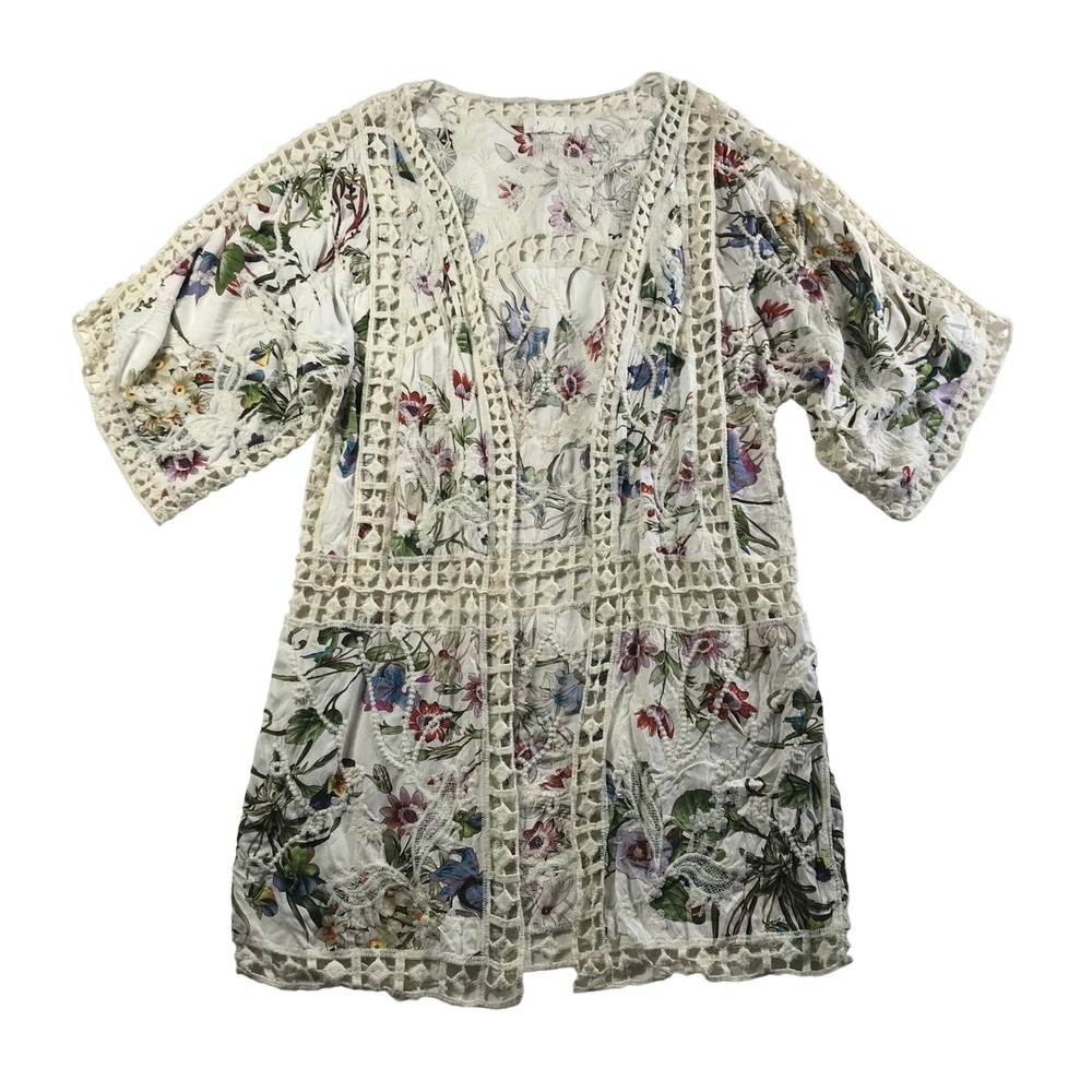 Anthropologie Floral Crochet Lace Kimono Wrap Cardigan One Size White Multi